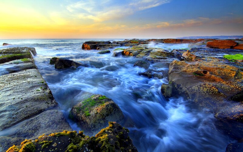 Ocean Waves on Rocks — Blue, Dramatic, Sunset, Photograph, Seaweed