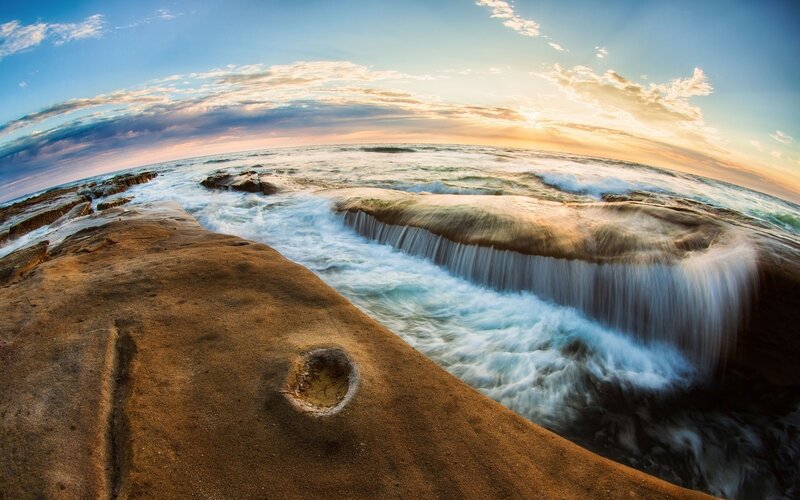 Ocean Waves on Rocks — Blue, Dramatic, Sunset, Photograph, Sky, Brown