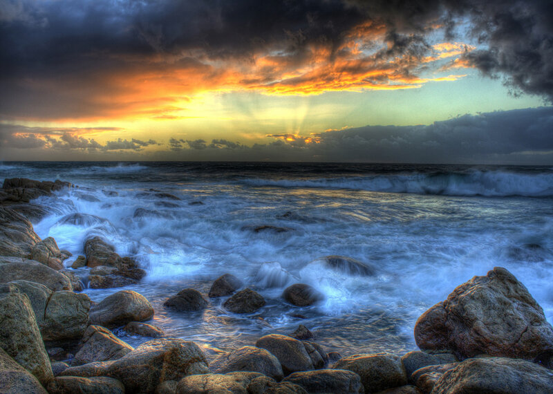 Ocean Waves on Rocks — Blue, Dramatic, Sunset, Photograph, Sky, Clouds