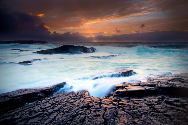 Ocean Waves on Rocks — Blue, Dramatic, Sunset, Photograph, Sky, Orange