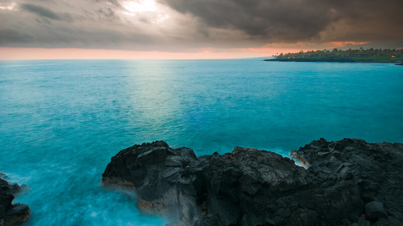 Ocean Waves on Rocks — Blue, Dramatic, Sunset, Photograph, Sky
