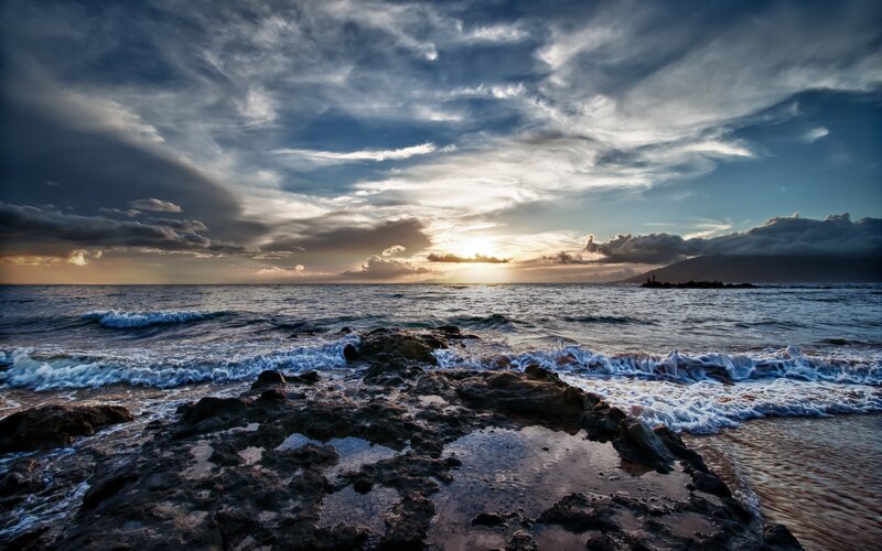 Ocean Waves on Rocks — Blue, Dramatic, Sunset, Photograph, Sun, Clouds, Mountain