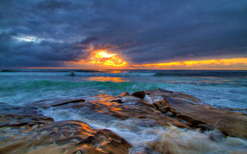 Ocean Waves on Rocks — Blue, Dramatic, Sunset, Photograph, Sun, Clouds, Sea