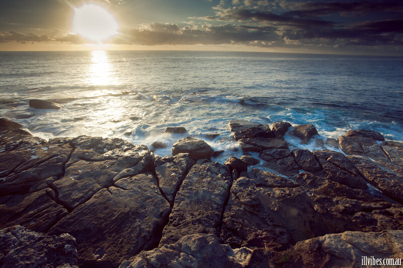 Ocean Waves on Rocks — Blue, Dramatic, Sunset, Photograph, Sun, Clouds