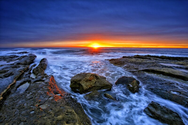 Ocean Waves on Rocks — Blue, Dramatic, Sunset, Photograph, Sun, Sky