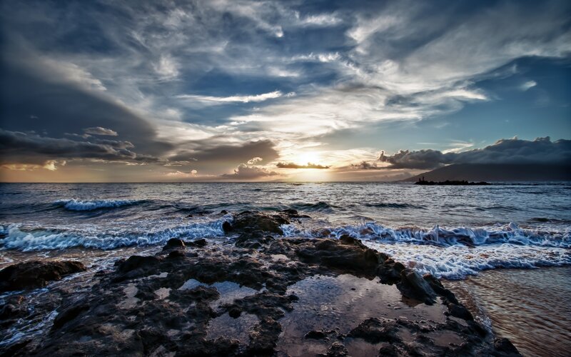 Ocean Waves on Rocks — Blue, Dramatic, Sunset, Photograph