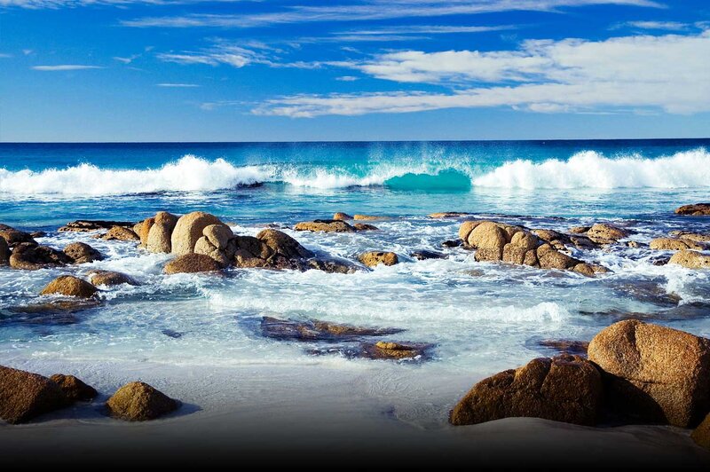 Ocean Waves on Rocks — Blue, Serene, Afternoon, Photograph