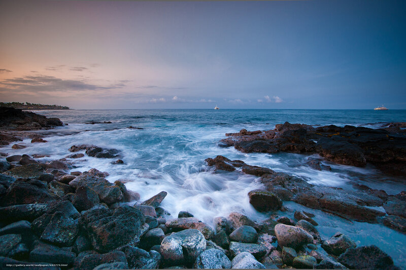 Ocean Waves on Rocks — Blue, Serene, Sunset, Photograph, Boats, Sky