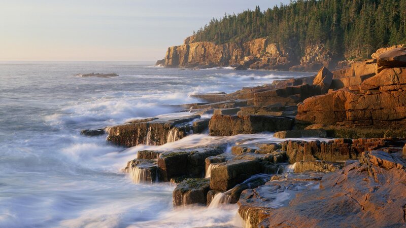 Ocean Waves on Rocks — Blue, Serene, Sunset, Photograph, Cliffs