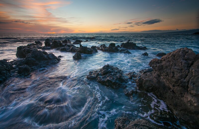 Ocean Waves on Rocks — Blue, Serene, Sunset, Photograph, Sea, Sky, Orange, Gray