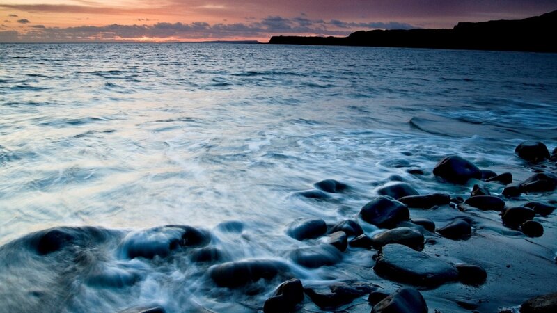 Ocean Waves on Rocks — Blue, Serene, Sunset, Photograph, Sea, Sky, Purple