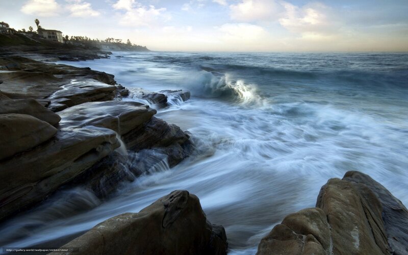 Ocean Waves on Rocks — Blue, Serene, Sunset, Photograph, Sea