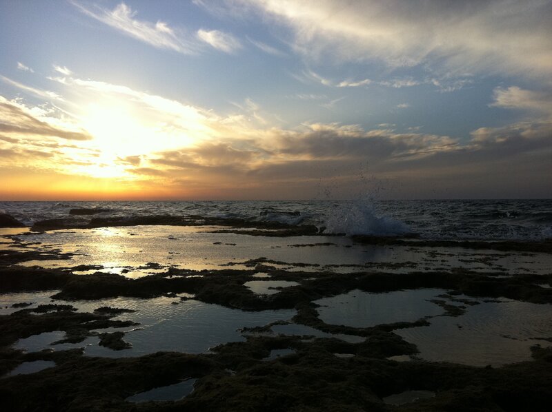 Ocean Waves on Rocks — Blue, Serene, Sunset, Photograph, Sun