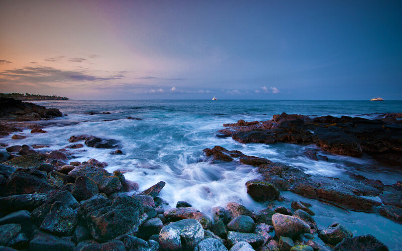 Ocean Waves on Rocks — Blue, Serene, Sunset, Photograph