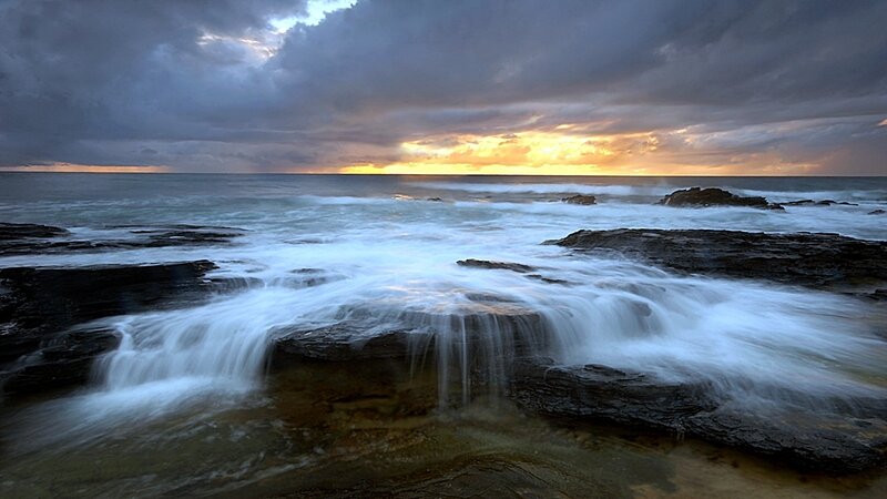 Ocean Waves on Rocks — Gray, Dramatic, Sunset, Photograph, Sea