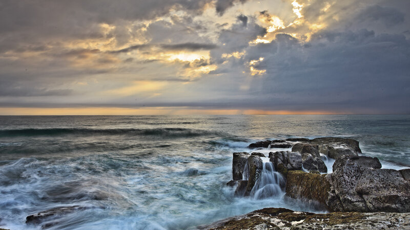 Ocean Waves on Rocks — Gray, Dramatic, Sunset