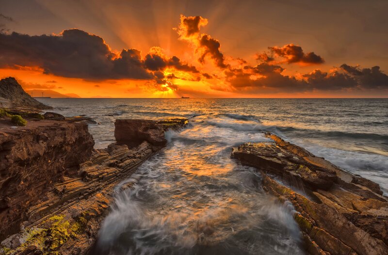 Ocean Waves on Rocks — Orange, Dramatic, Sunrise