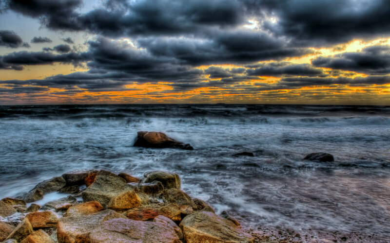 Ocean Waves on Rocks — Orange, Dramatic, Sunset, Photograph, Clouds, Sea