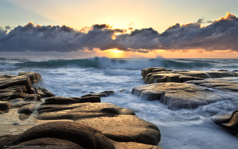 Ocean Waves on Rocks — Orange, Dramatic, Sunset, Photograph, Clouds, Sun