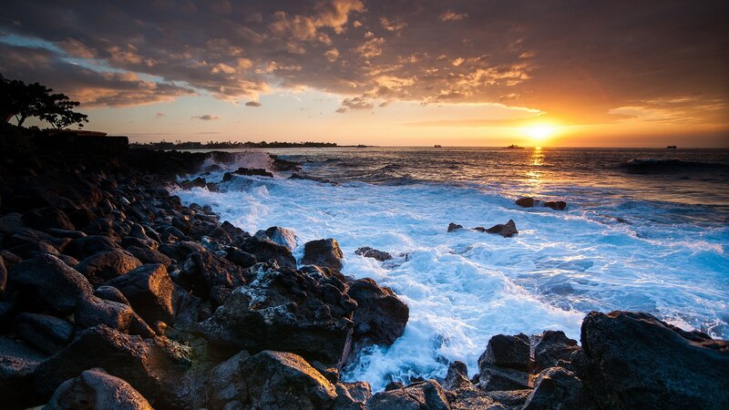 Ocean Waves on Rocks — Orange, Dramatic, Sunset, Photograph, Clouds, Trees