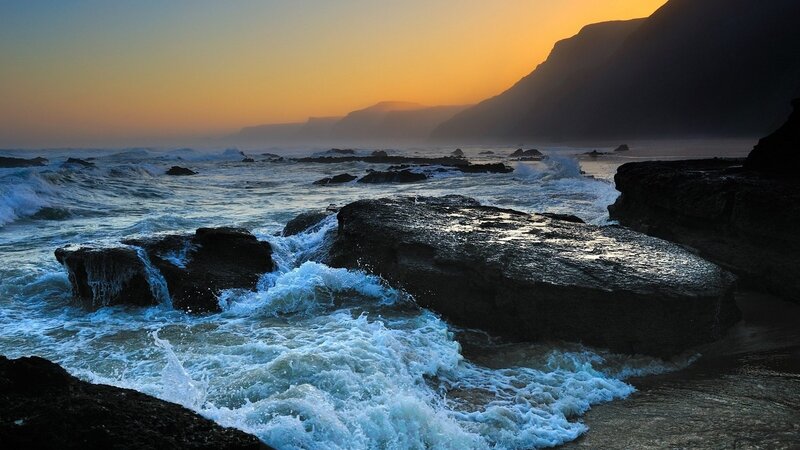Ocean Waves on Rocks — Orange, Dramatic, Sunset, Photograph, Mountain
