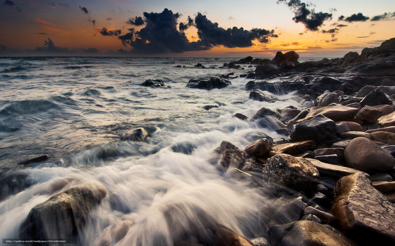 Ocean Waves on Rocks — Orange, Dramatic, Sunset, Photograph, Sea, Clouds