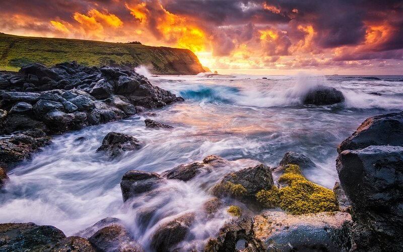 Ocean Waves on Rocks — Orange, Dramatic, Sunset, Photograph, Sea, Sky