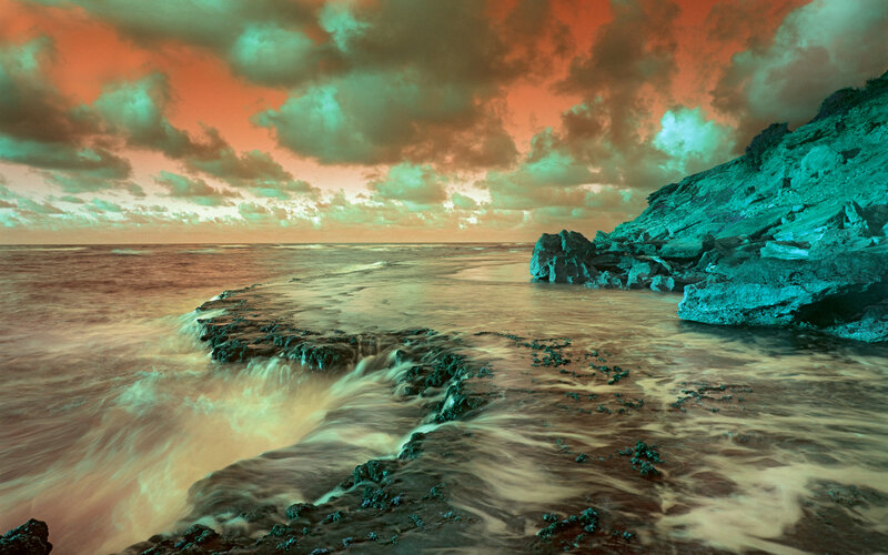 Ocean Waves on Rocks — Orange, Dramatic, Sunset, Photograph, Sea