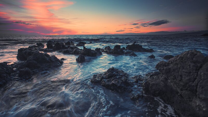 Ocean Waves on Rocks — Orange, Dramatic, Sunset, Photograph, Sky, Clouds, Blue