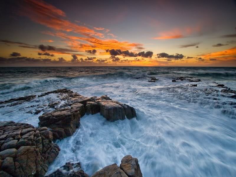 Ocean Waves on Rocks — Orange, Dramatic, Sunset, Photograph, Sky, Clouds