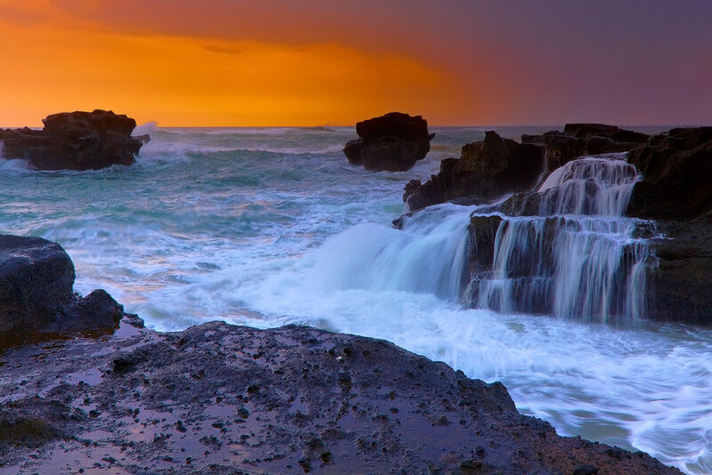 Ocean Waves on Rocks — Orange, Dramatic, Sunset, Photograph, Sky