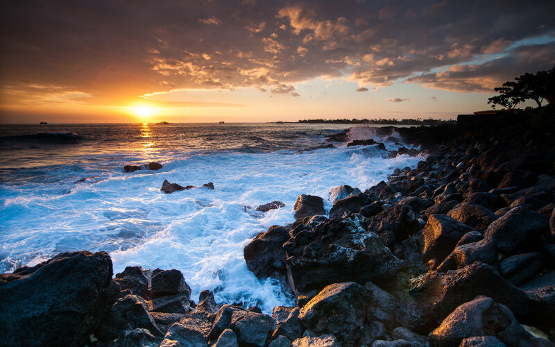 Ocean Waves on Rocks — Orange, Dramatic, Sunset, Photograph, Sun, Clouds, Boats