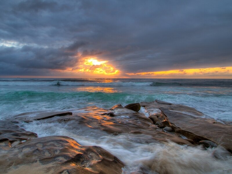 Ocean Waves on Rocks — Orange, Dramatic, Sunset, Photograph, Sun, Clouds, Sea