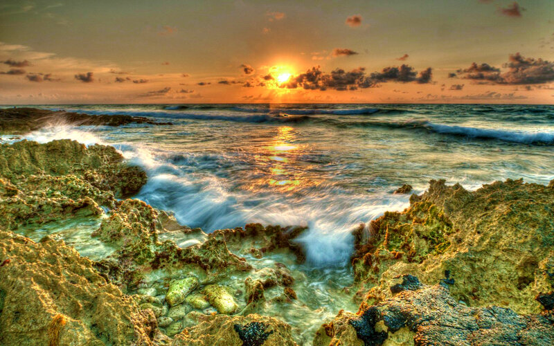 Ocean Waves on Rocks — Orange, Dramatic, Sunset, Photograph, Sun, Clouds