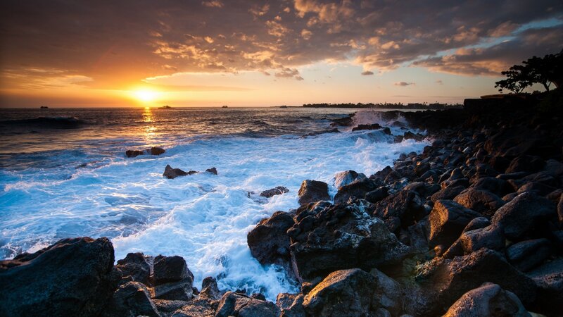 Ocean Waves on Rocks — Orange, Dramatic, Sunset, Photograph, Sun, Clouds, Tree