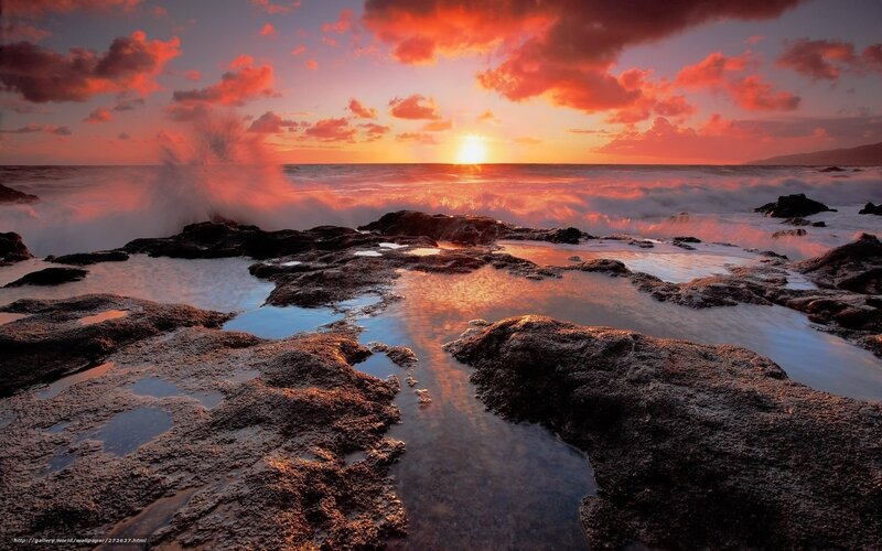 Ocean Waves on Rocks — Orange, Dramatic, Sunset, Photograph, Sun, Clouds, Water