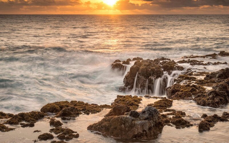 Ocean Waves on Rocks — Orange, Dramatic, Sunset, Photograph, Sun, Sea