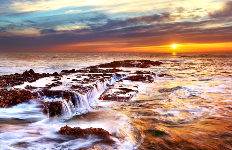 Ocean Waves on Rocks — Orange, Dramatic, Sunset, Photograph, Sun, Sky