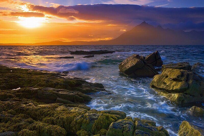 Ocean Waves on Rocks — Orange, Dramatic, Sunset, Photograph, Sun