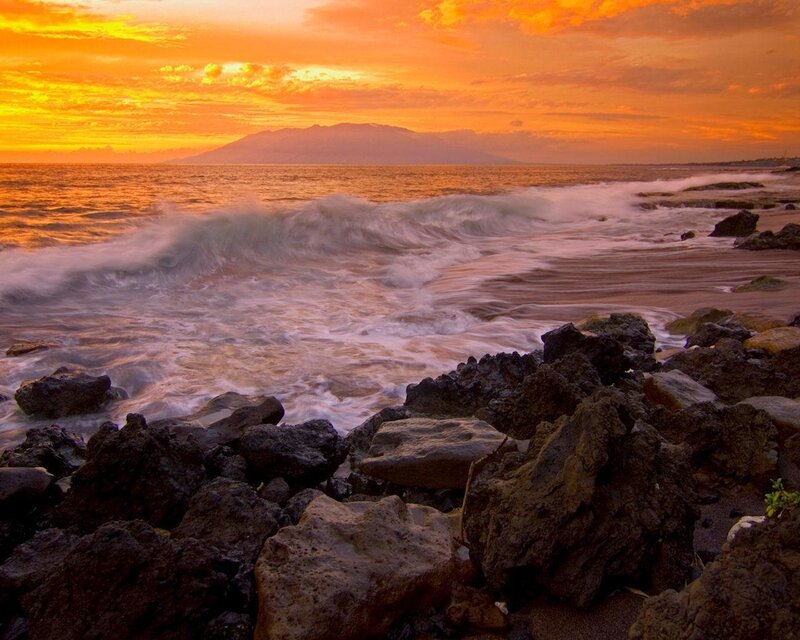 Ocean Waves on Rocks — Orange, Dramatic, Sunset, Photograph