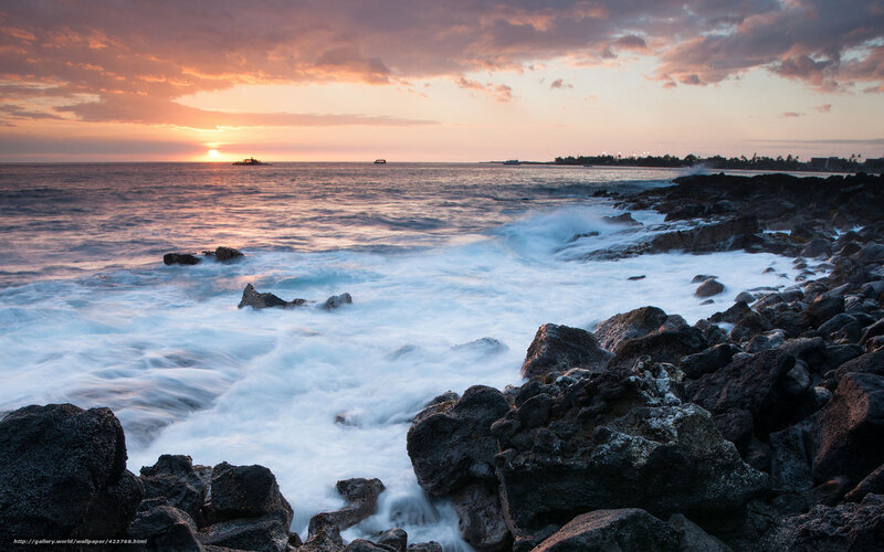 Ocean Waves on Rocks — Orange, Serene, Sunset, Photograph