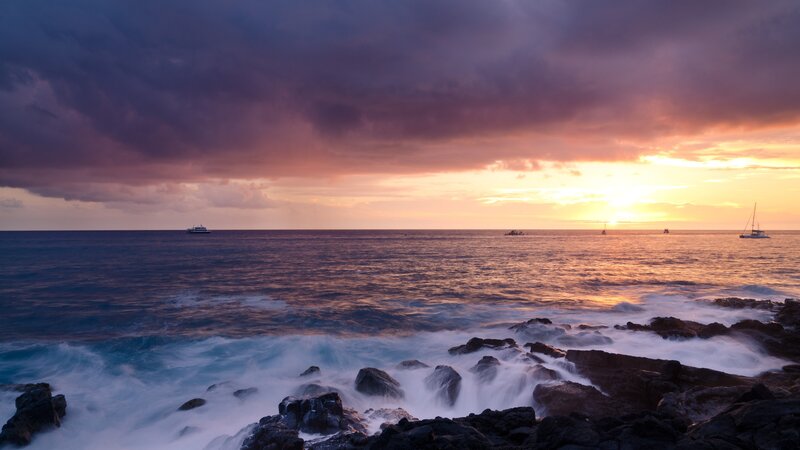 Ocean Waves on Rocks — Purple, Dramatic, Sunset, Photograph, Boats