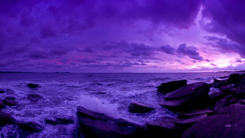 Ocean Waves on Rocks — Purple, Dramatic, Sunset, Photograph, Clouds, Sea
