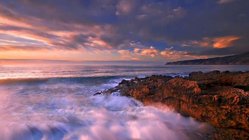 Ocean Waves on Rocks — Purple, Dramatic, Sunset, Photograph, Sea