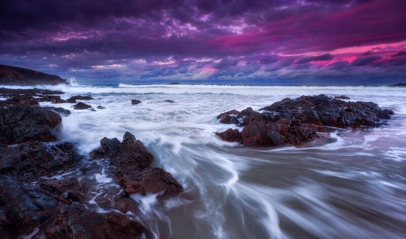 Ocean Waves on Rocks — Purple, Dramatic, Sunset, Photograph, Sky