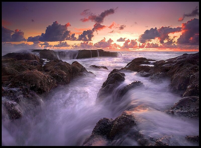 Ocean Waves on Rocks — Purple, Dramatic, Sunset, Photograph