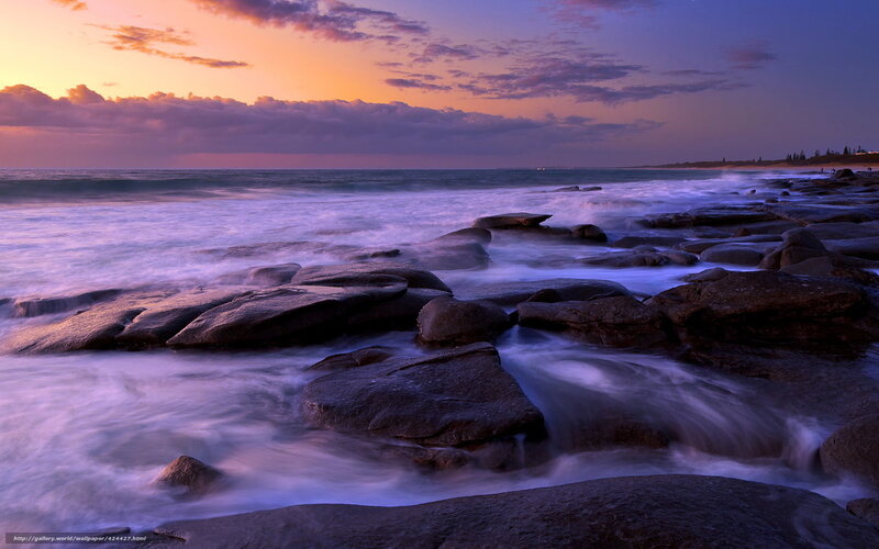Ocean Waves on Rocks — Purple, Serene, Sunset, Photograph