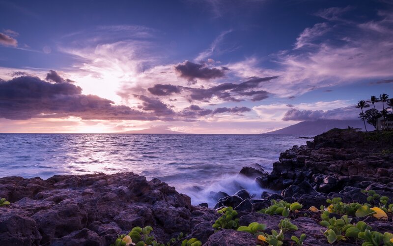 Ocean Waves on Rocks — Purple, Serene, Sunset