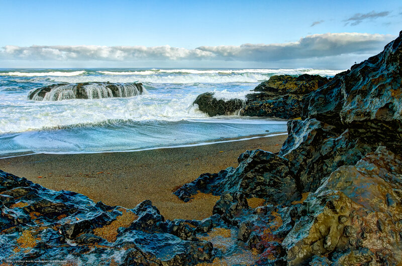 Ocean Waves on Rocky Beach — Blue, Dramatic, Afternoon, Photograph