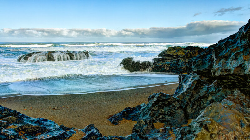 Ocean Waves on Rocky Beach — Blue, Dramatic, Afternoon